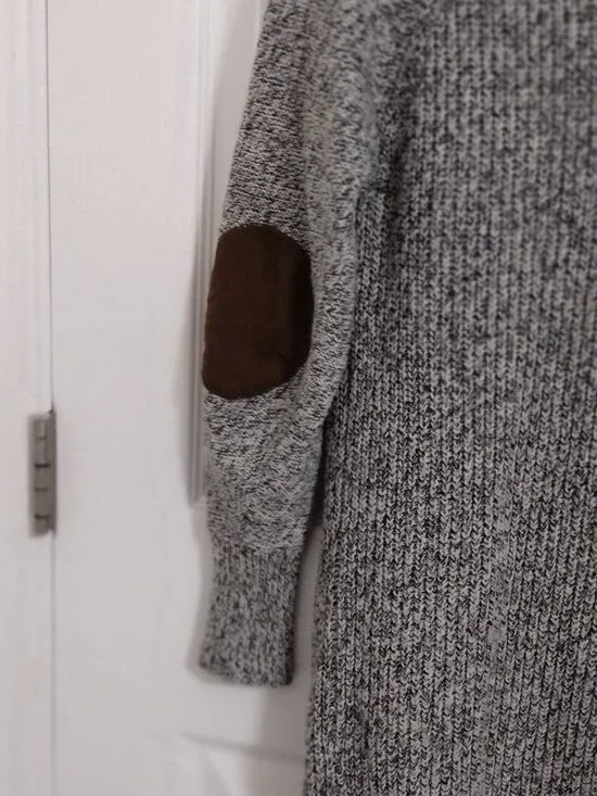 RDI Marled Knit Open Cardigan Size M Gray Elbow Patch Cozy Layering Sweater - Picture 12 of 13